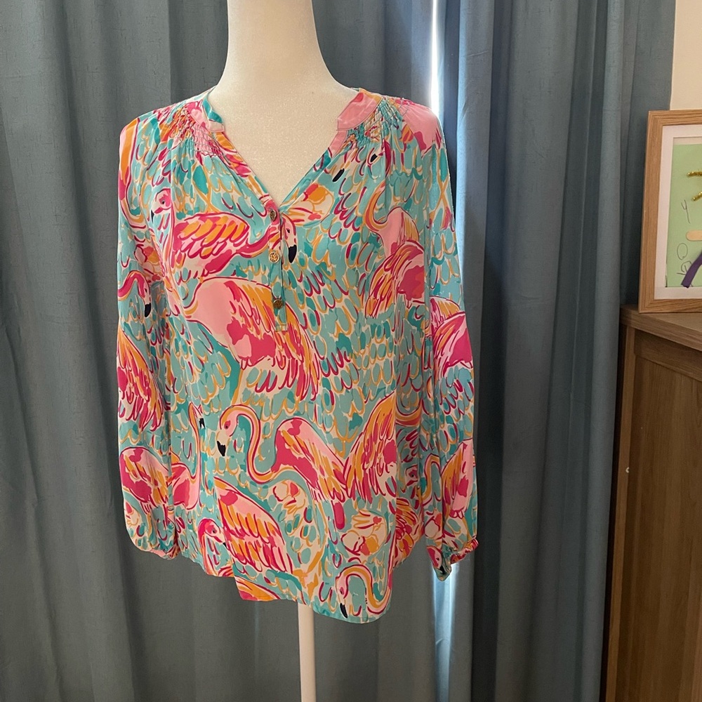 Lily Pulitzer silk Elsa Pink & Teal Flamingo Print Women's Blouse